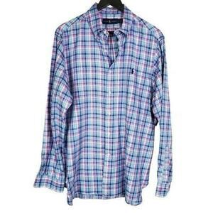 Polo Ralph Lauren Button Down Shirt Large Blue Pink Plaid Cotton Preppy